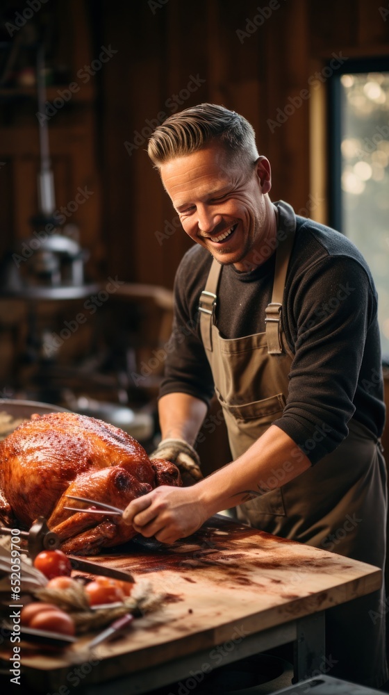 Man carving turkey with precision and skill