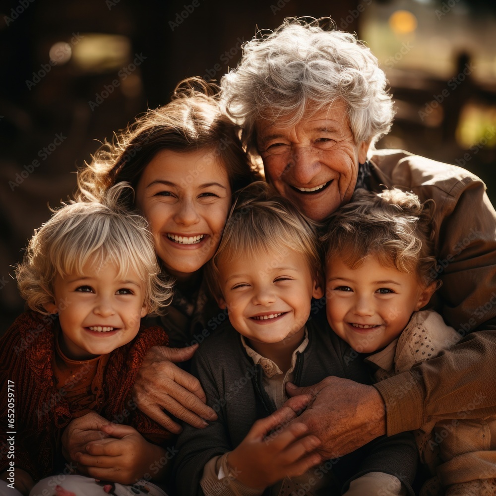 Grandparents hugging their grandchildren tightly