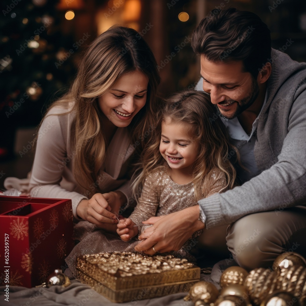 Joyful family with Christmas presents and decorations