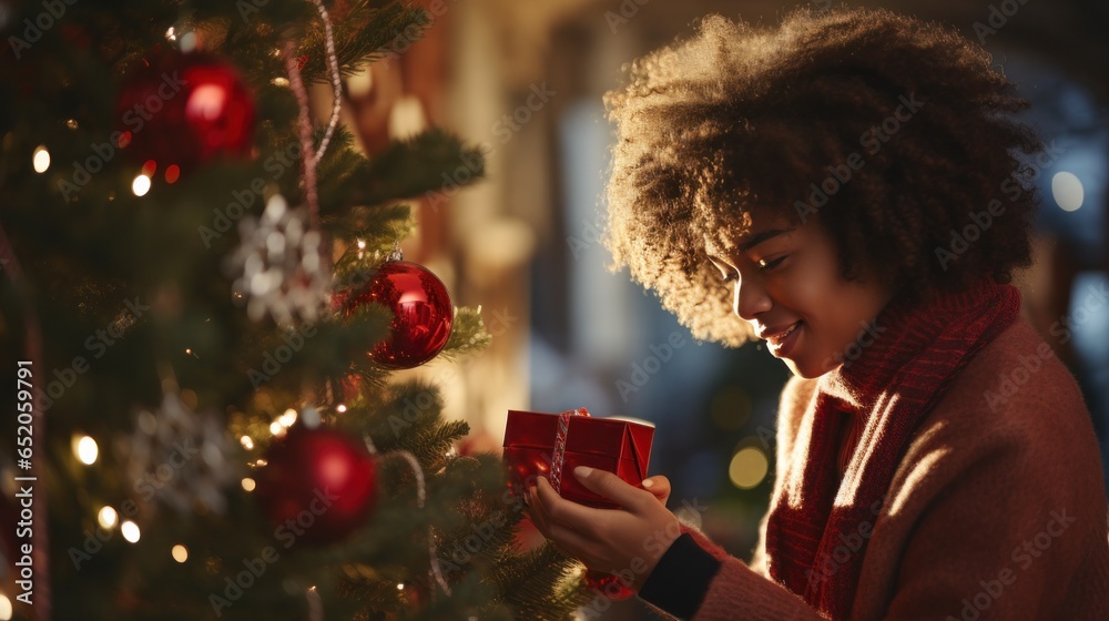 Smiling couple exchanging gifts near a decorated tree