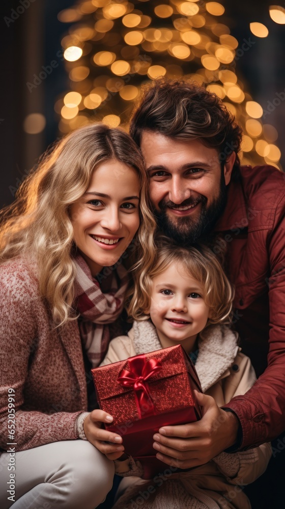 Joyful family with Christmas presents and decorations