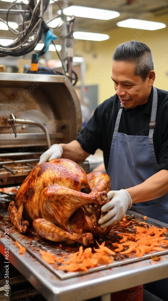 Man carving turkey with precision and skill