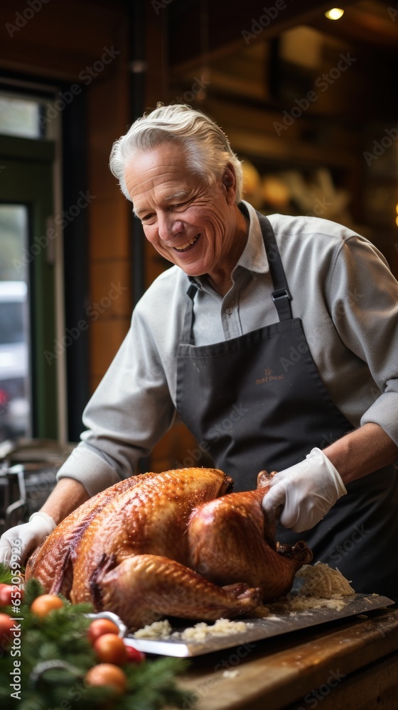 Man carving turkey with precision and skill