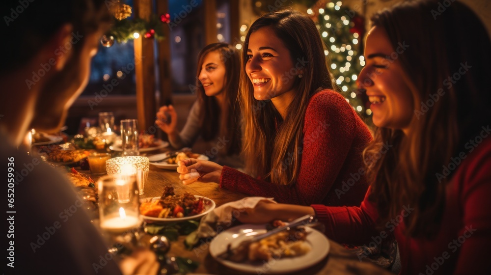 Happy friends enjoying a festive dinner together