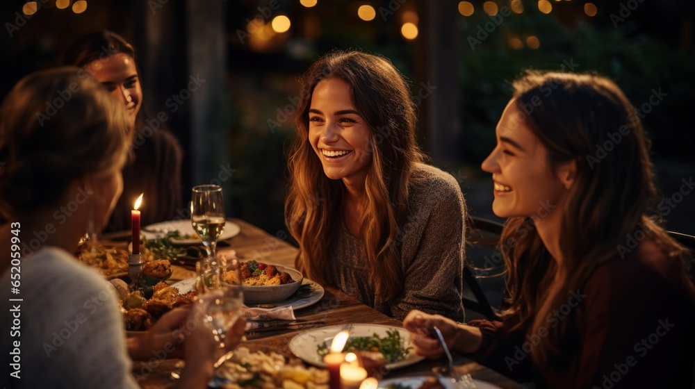 Happy friends enjoying a festive dinner together