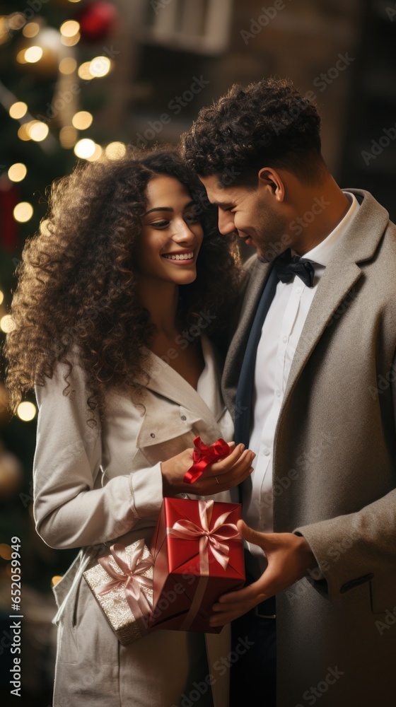 Smiling couple exchanging gifts near a decorated tree