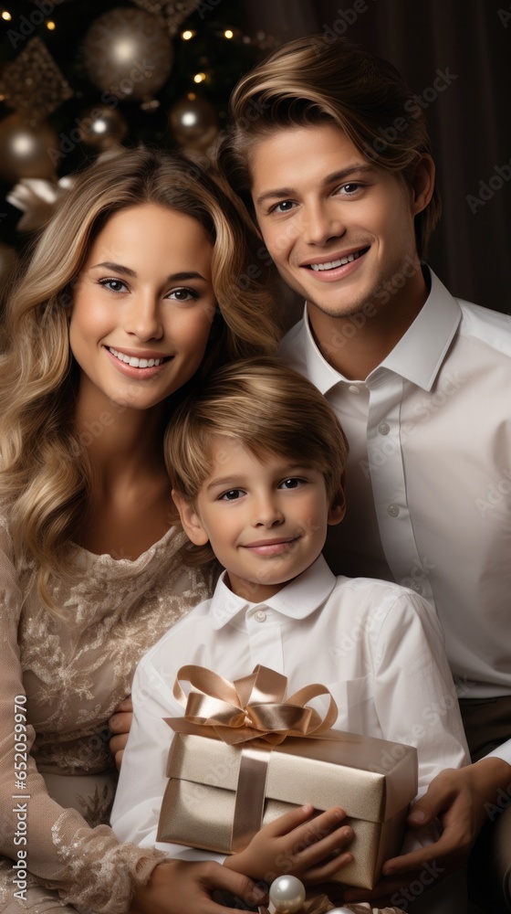 Joyful family with Christmas presents and decorations