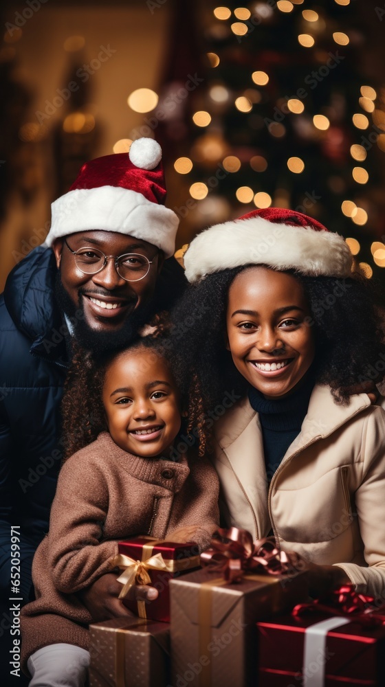 Joyful family with Christmas presents and decorations