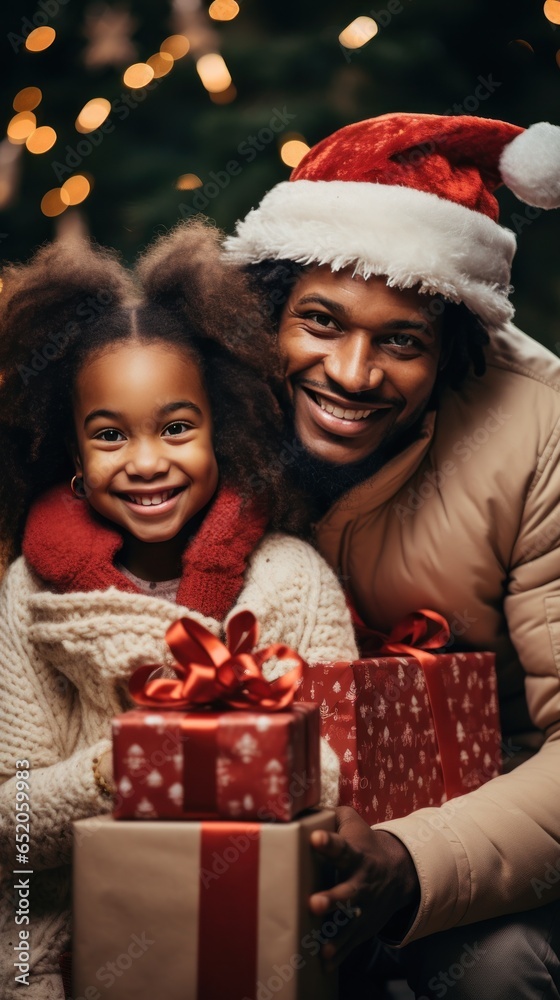 Joyful family with Christmas presents and decorations