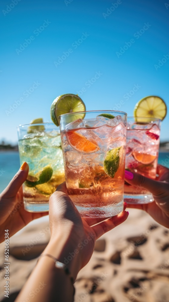 Friends cheering with cocktails on the beach