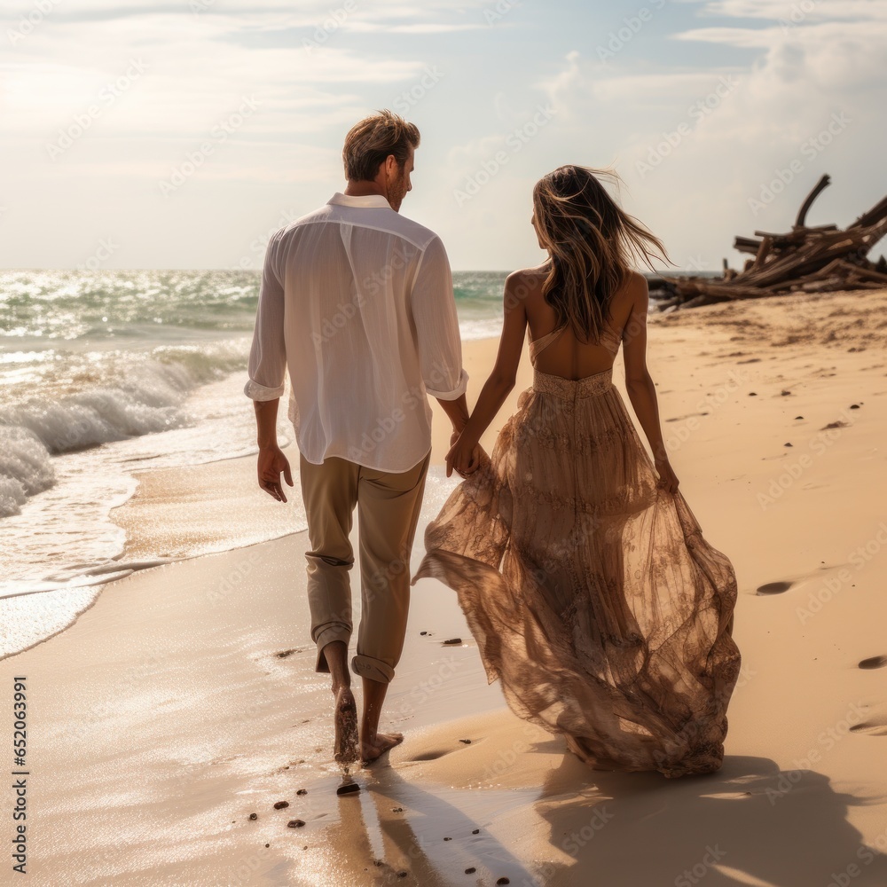 Couple holding hands, walking on the beach