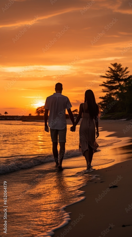 Romantic beach stroll under sunset skies