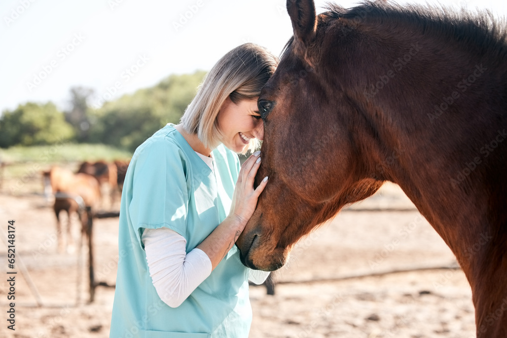 Vet, doctor and woman with care for horse for medical examination, research and health check. Healthcare, nurse and happy person on farm for inspection, wellness and veterinary treatment on ranch