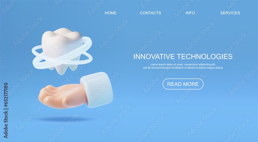 3D white healthy tooth and dentist hand innovative technologies in stomatology landing page design for dentistry service