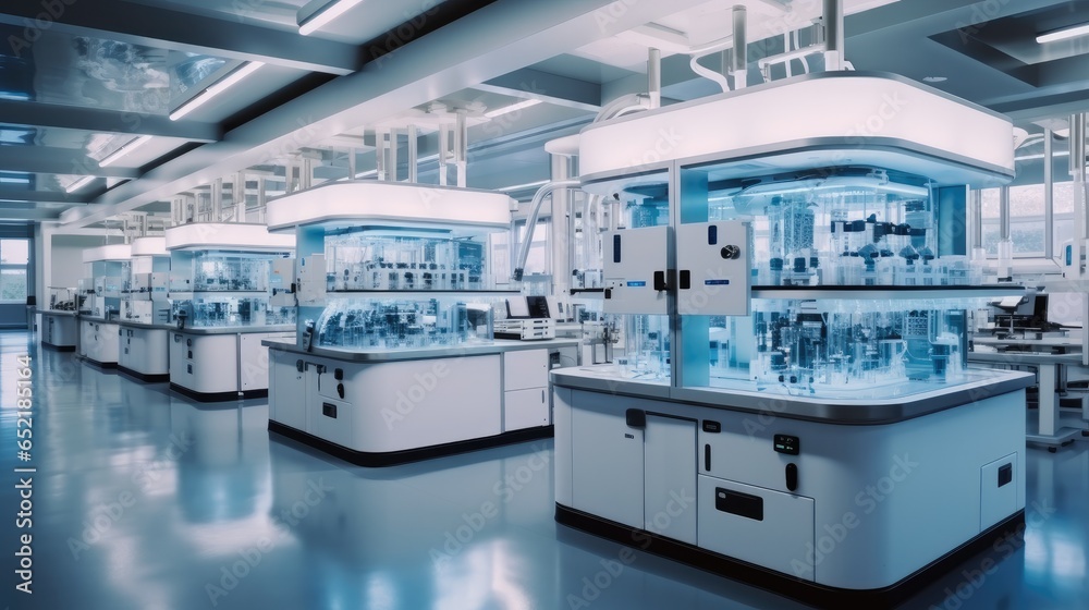 High-tech laboratory with advanced equipment inside a pharmaceutical manufacturing facility.