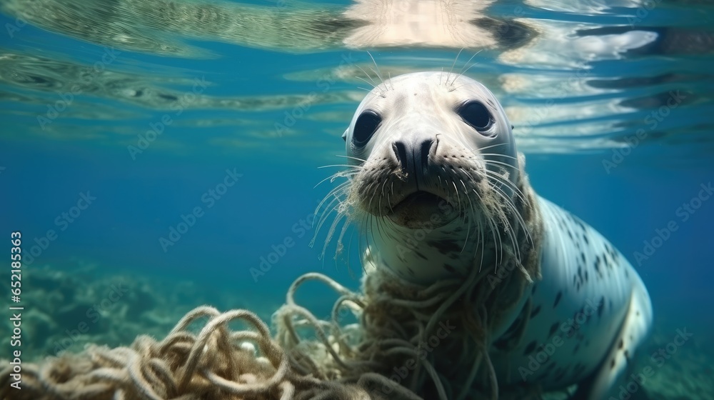 A sea seal swimming underwater with garbage and remnants of fishing nets, Environmental disaster in sea.