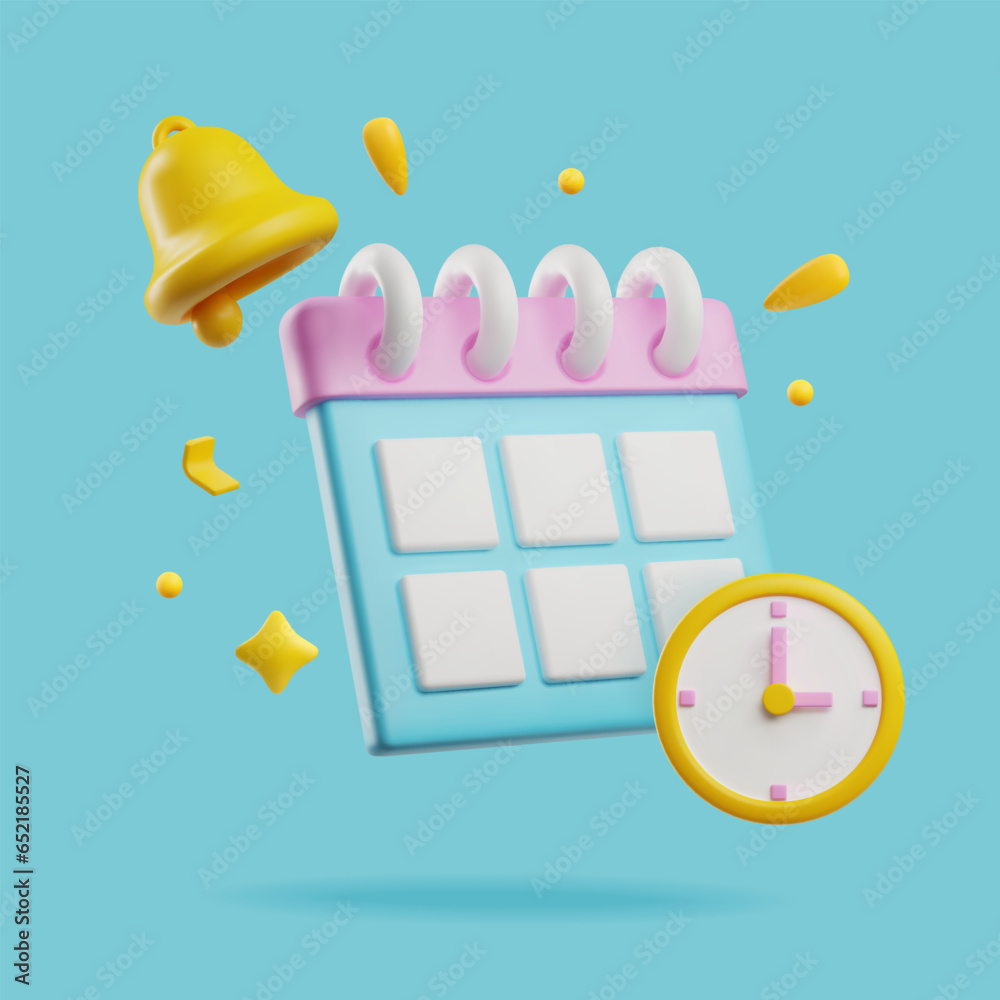 Clock, ringing bell and paper calendar 3D style, vector illustration