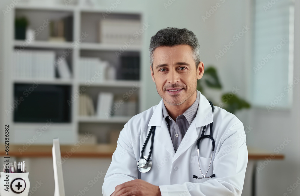 Doctor in healthcare office for consultation support and services with management and insurance for patient.