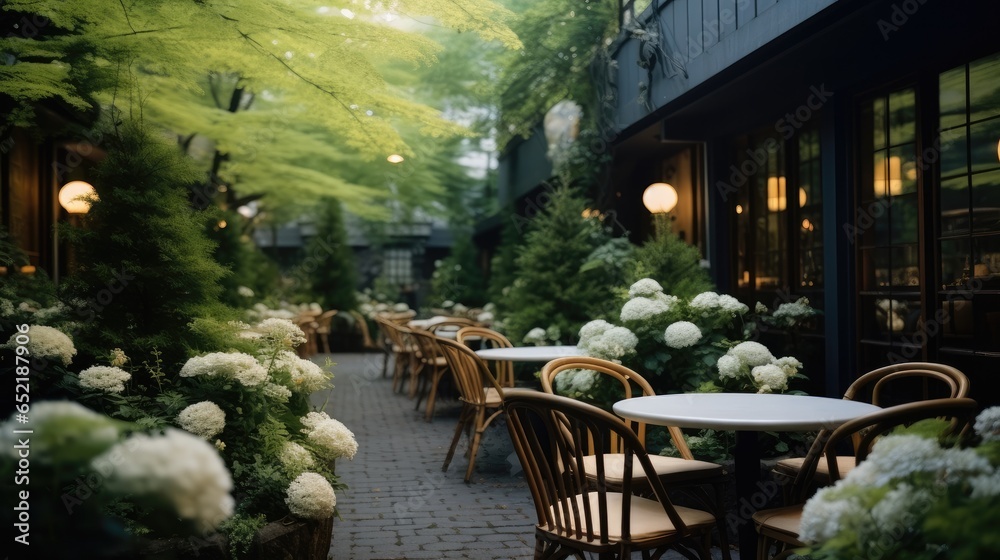 Outdoor seating and tables with flowers and greenery.