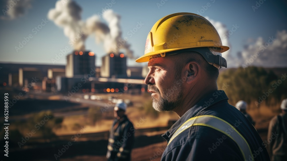 A utilities manager working at power station, Wearing a yellow hard hat and reflective vest.