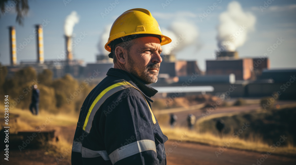 A utilities manager working at power station, Wearing a yellow hard hat and reflective vest.