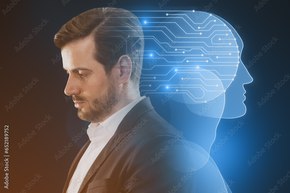 Side portrait of attractive young european man with circuit head on blurry blue background. Artificial intelligence and robotics concept.