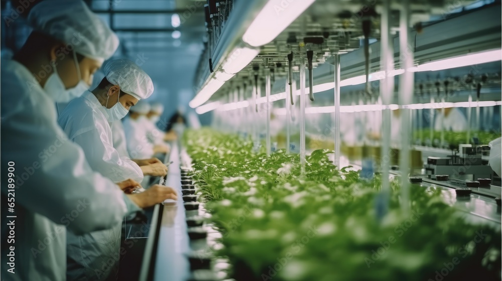 Scientists cultivate organic lettuce using advanced technology and automation in a modern agricultural greenhouse.