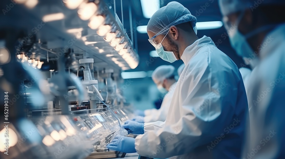 Scientists using advanced technology and machinery working sterile production of medical drugs and equipment in a modern laboratory and factory.