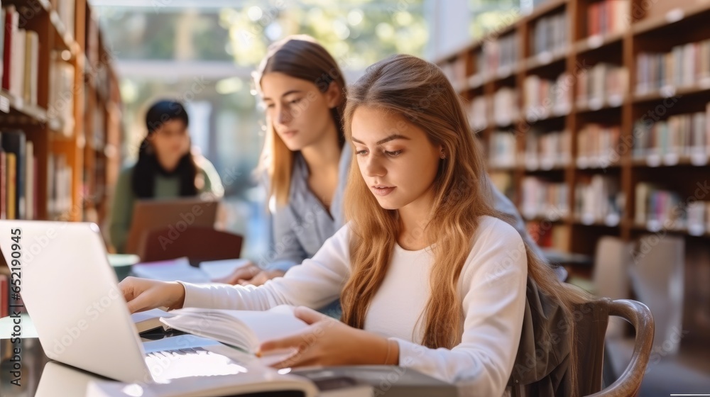 Two young woman students doing work with laptop and books for finding information at library.