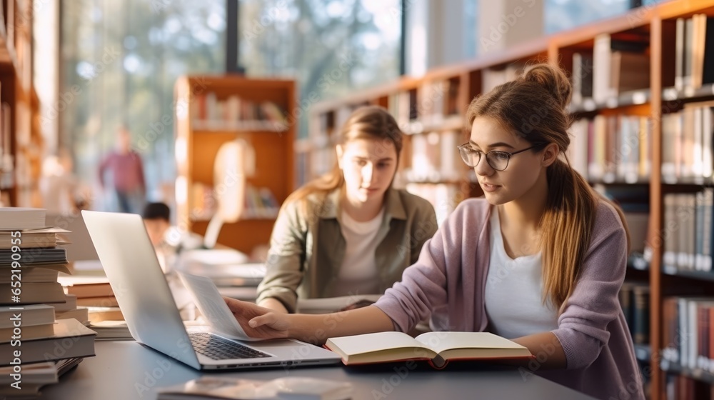 Two young woman students doing work with laptop and books for finding information at library.