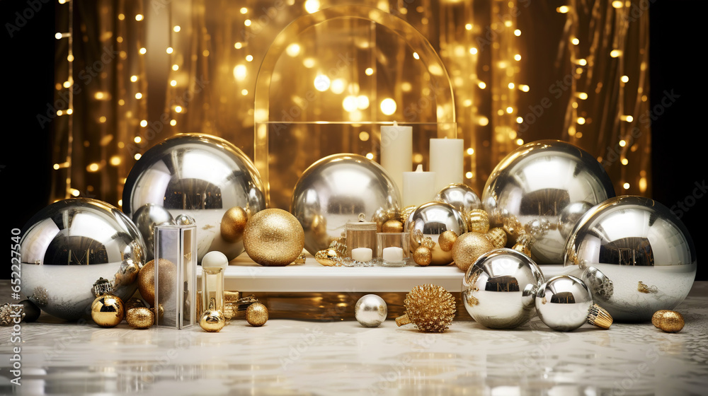 Modern shiny creative Christmas backdrop. Golden festive New Year background. Generative AI