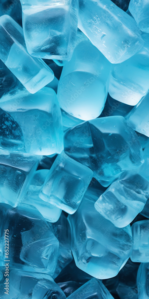 Ice cubes bluish background. Frozen water. Cold fresh concept. Generative AI