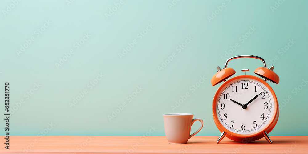 Vintage alarm clock and cup of coffee on the uniform pastel backdrop with a copy space. Generative AI