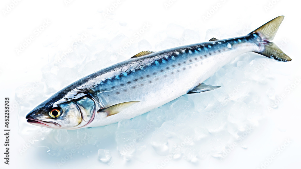 Fresh mackerel fish (Scomber scrombrus) on ice. Seafood background. Generative AI