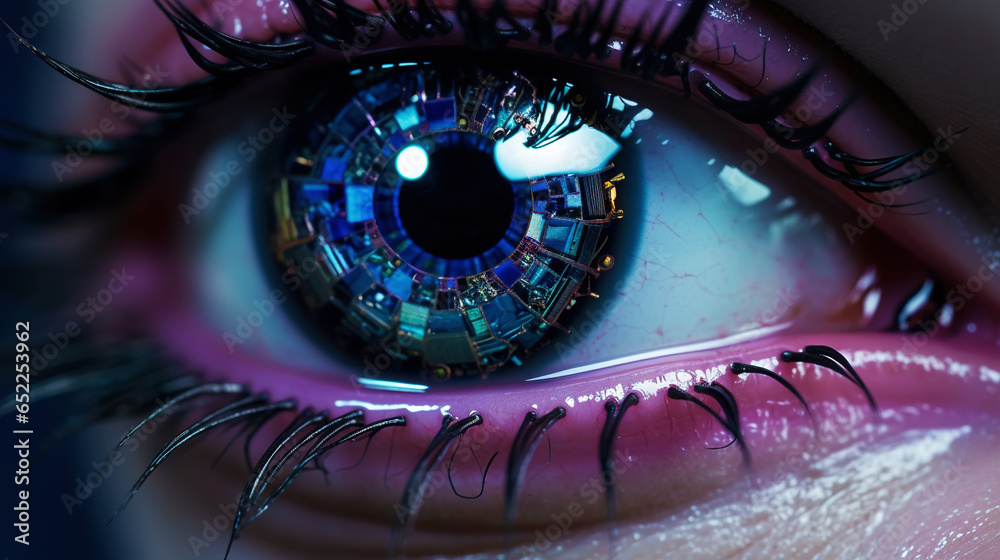 Female android robot eye close up. Digital iris of cyber woman. Bionic technology concept. Generative AI