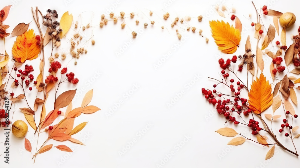 Autumn creative frame composition with dried leaves, chestnuts, red berries and cones on white background. Generative AI