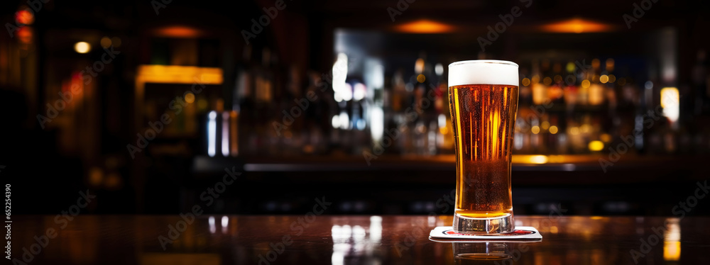 Pilsner glass of light beer on bar table in a dark pub with copy space. Generative AI