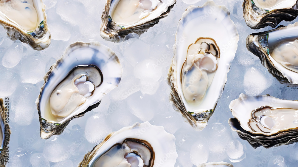 Top view on fresh oysters laying on crushed ice. Seafood background. Generative AI