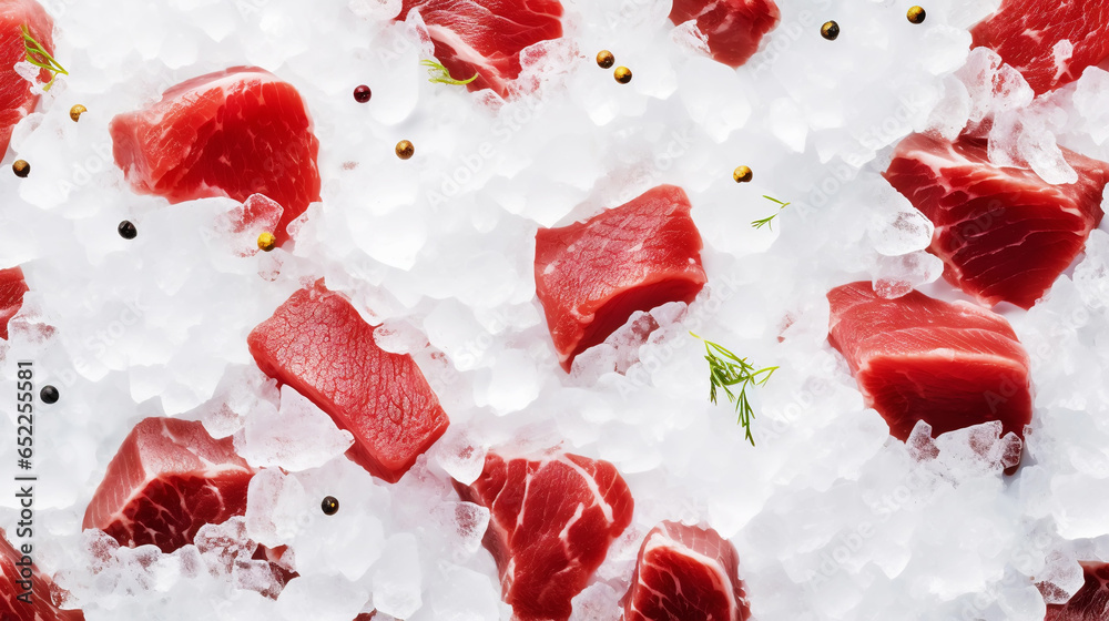 Slices of tuna fish on the ice cubes. Fresh fish fillet. Seafood background. Generative AI