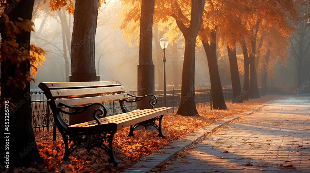 Wooden bench in the autumn park, an empty street. Yellow trees of a city alley. Generative AI