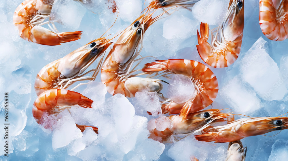 Top view of raw whole king prawns on ice. Seafood background. Generative AI