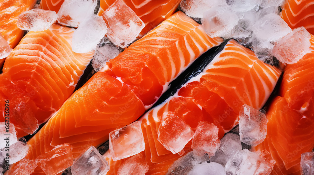 Fresh salmon fillet on ice. Red tasty fish meat. Seafood background. Generative AI