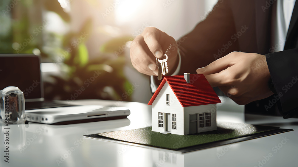 Real estate agents hand placing a set of house keys on a glass table next to a miniature house model.