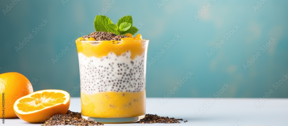 Vegan recipe with chia pudding passion fruit and coconut yogurt in a glass