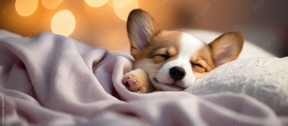 Tricolored Welsh corgi puppy sleeping on a soft blanket after being fed receiving comfort and care Vet supervision Copy space available