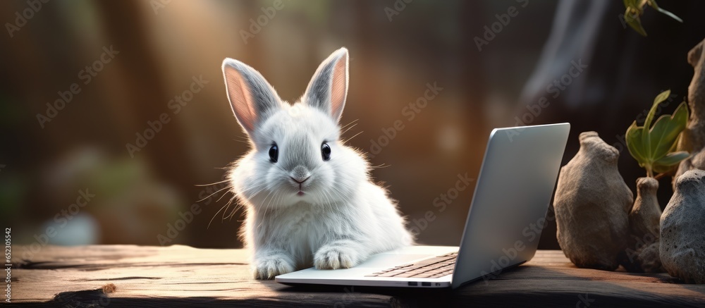 White bunny wearing glasses using laptop on wooden surface for e learning amidst spring summer bokeh background emphasizes education and technology