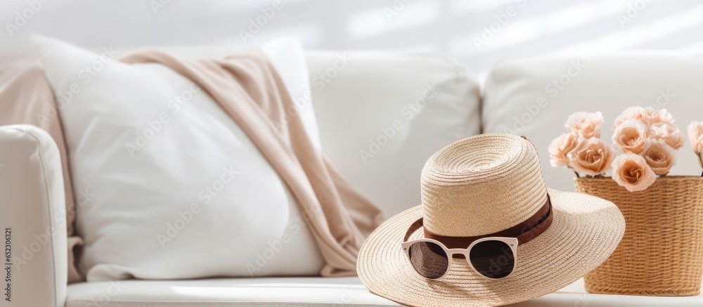 Women s summer beach fashion accessories for travel and vacation featured on a white lounge couch with pillows including stylish sunglasses a straw hat and a shopper bag Showcased on fashion