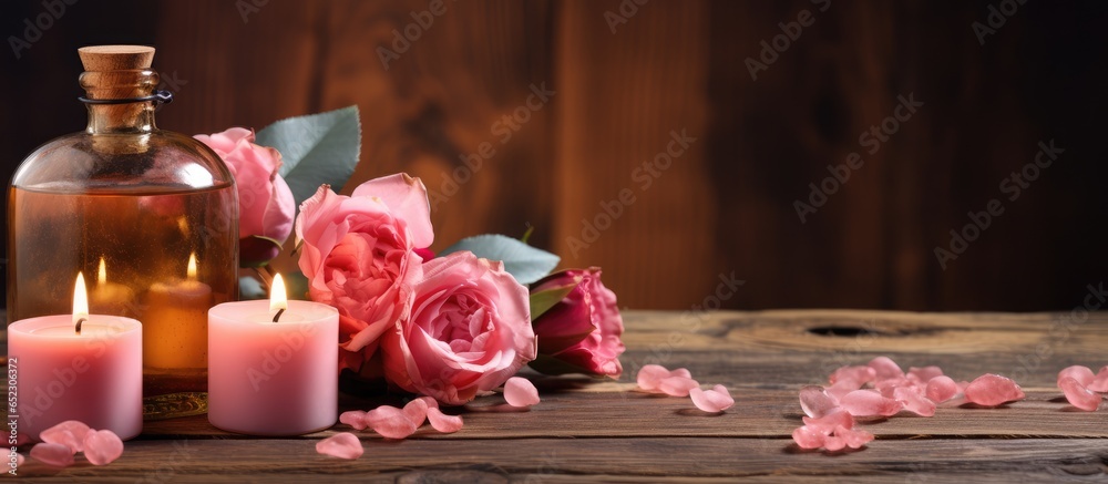 Valentine s Day Zen and relaxation with wellness decoration spa massage oil and wooden background