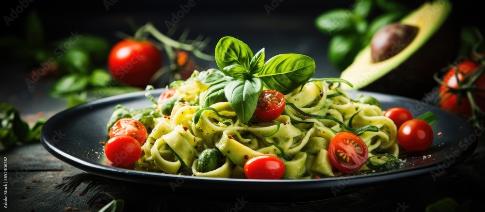 Vegan zucchini pasta with avocado dip spinach and cherry tomatoes on plate