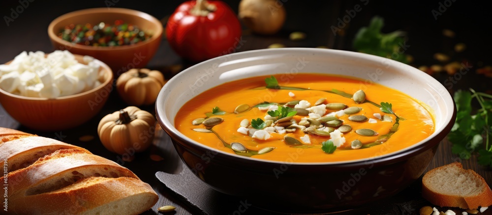 Vegan pumpkin cream soup served in a ceramic bowl on a summer day as part of a meatless menu with hot vegetable dishes